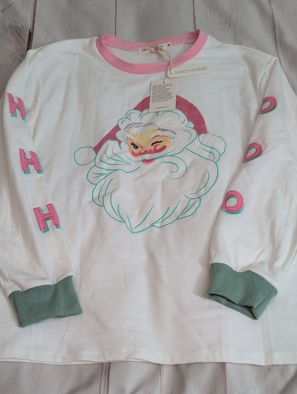 Grace + Emma Winking Santa Glitter Sweatshirt Womens M NWT Ho Ho Ho Christmas